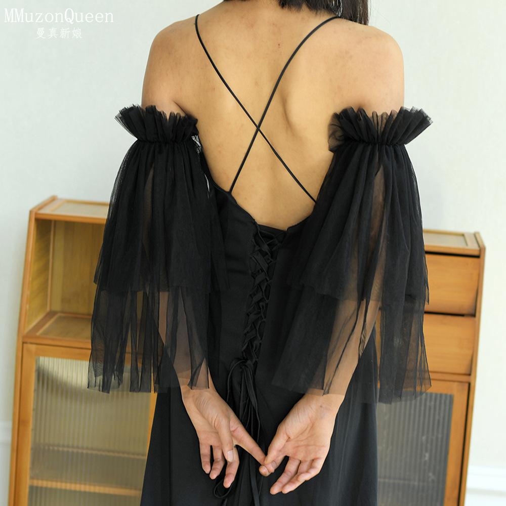 Sheer Tulle Flare Arm Sleeves, Ruffle Elastic Off Shoulder Mesh Cuffs Detachable Bridal Gloves for Wedding Gown Prom Evening Party Photoshoot