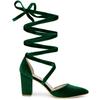 Allegra K Women's Velvet Lace-Up Chunky Heel Pointed Toe Pumps, Dark Green, Size 23.0cm