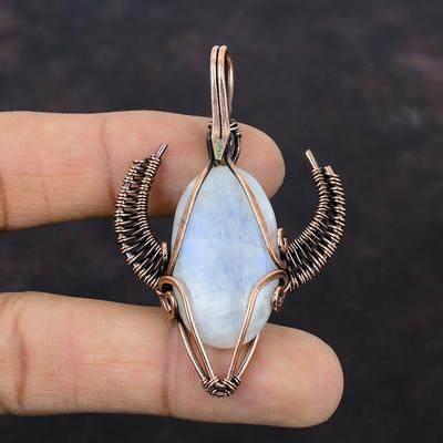 Rainbow Moonstone Pendant Copper Wire Wrapped Pendant Bull Face Shape Jewelry Handmade Decent Pendant Gift For Women Gemstone Copper Jewelry