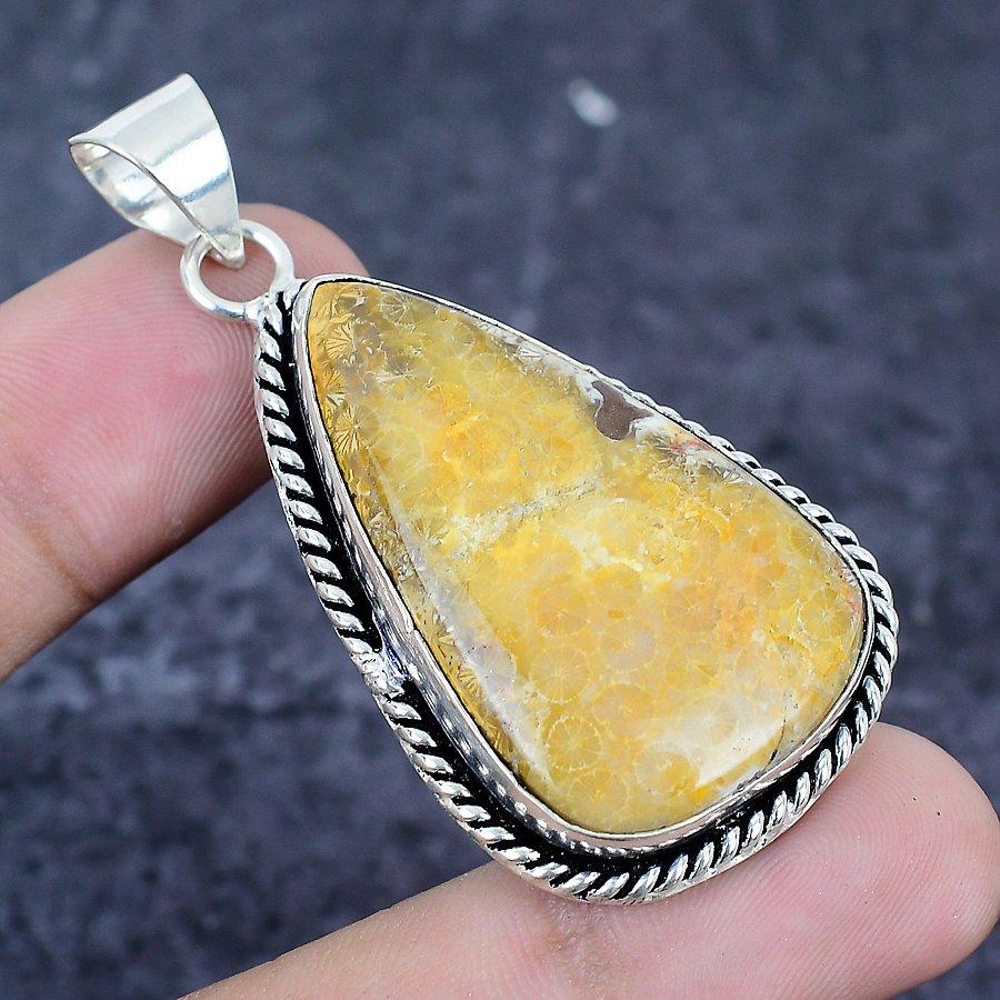 Fossil Coral Gemstone 925 Sterling Silver Jewelry Pendant 2.25"