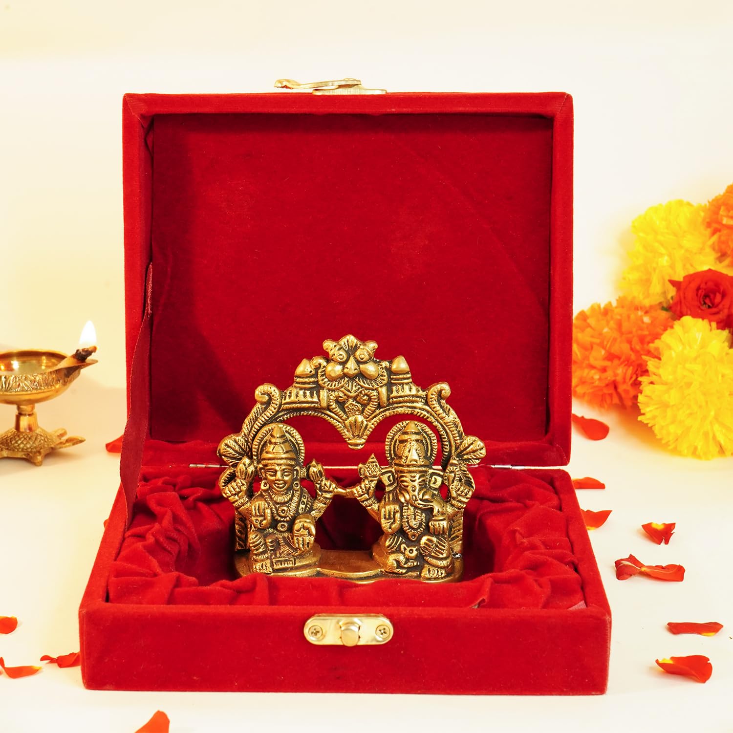 100% Pure Brass Laxmi Ganesh Murti In Luxury Red Velvet Gift Box God Idols
