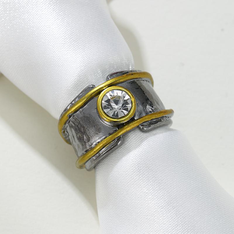 Geometric Wide Face Antique CopperInlaid Zircon Ring Women's Heavy Industry Gold Color Line Jewelry Unique Charm Jewelry