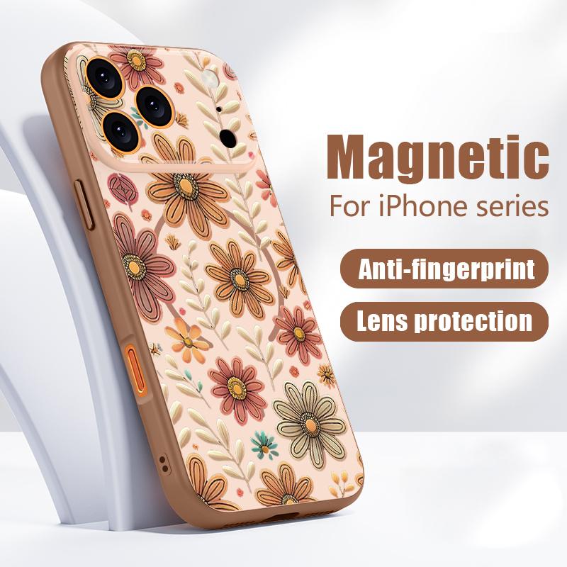 Colorful Embossed Flowers Case For iPhone 17 Pro Max Funda iPhone 16 15 14 13 Pro Max Magnetic For Magsafe Hybrid Slim Matte Cover