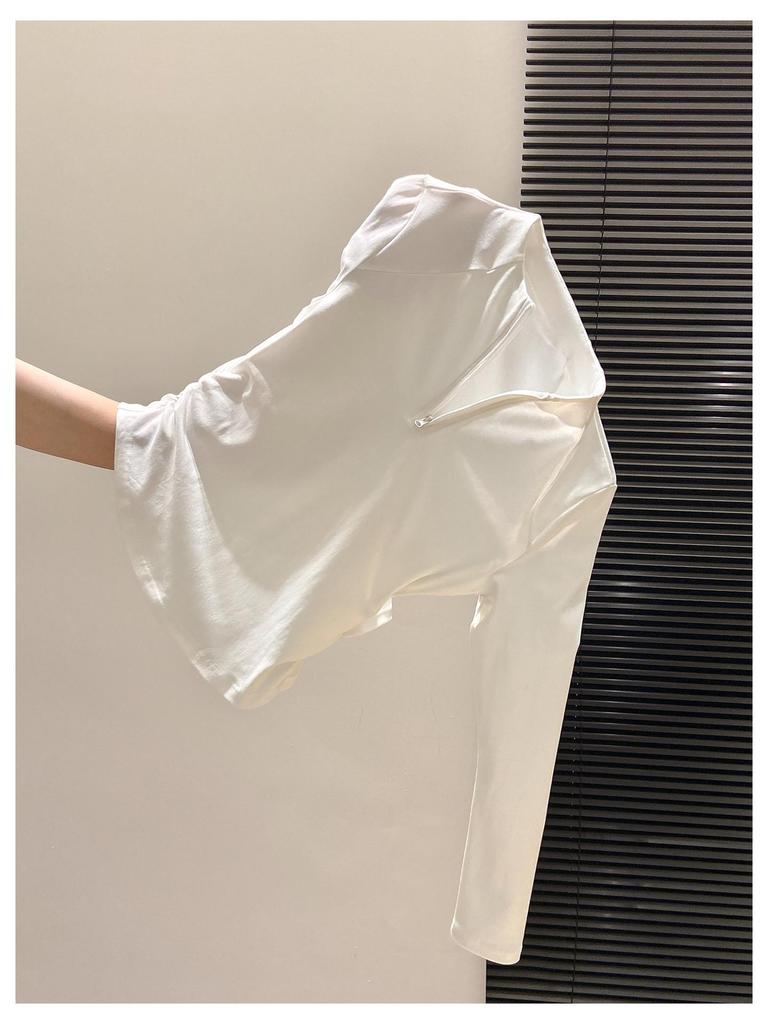 Women's Spring Fashion Long-Sleeve Top: Half-Open Collar, Zipper Style, Waist-Cinching Pleats, Regular Shoulder, Age-Reducing, Stylish Inner Wear