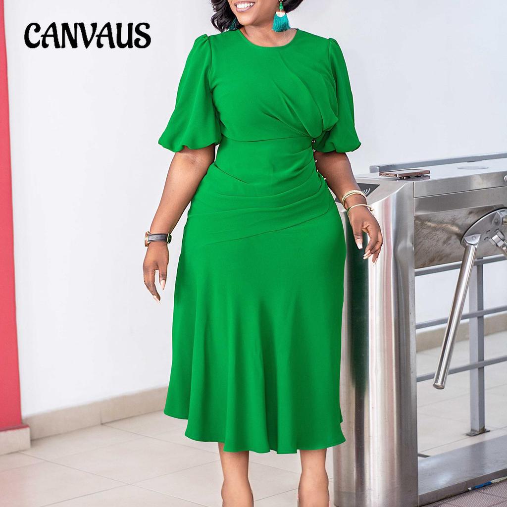 Summer Women's Dress Plus Size Solid Color Round Neck Bubble Sleeve Slim Waist Dresses