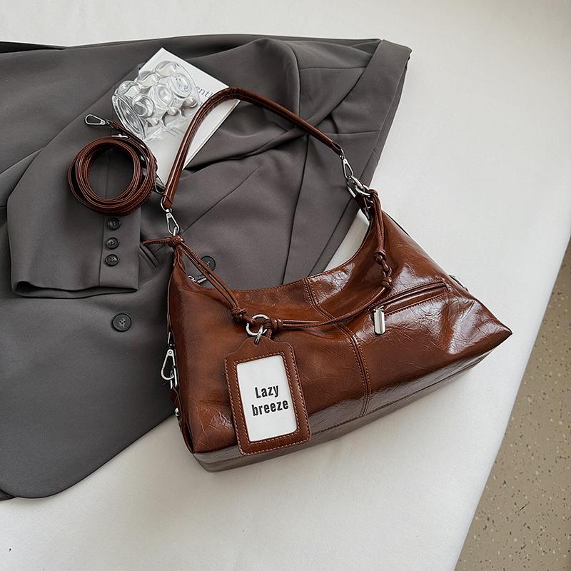 Oil Wax Leather Large Capacity Tote Bag Women's Daily Commuting Armpit Bags Retro Shopping Handbags Brown Casual Shoulder Pack
