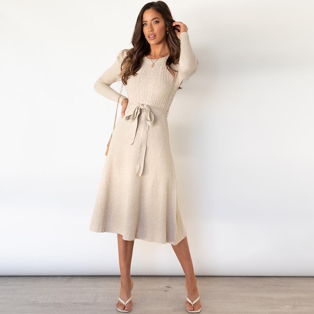Vestido longo de malha sólida outono inverno, gola redonda, manga comprida, cintura alta, balanço grande S-XXL