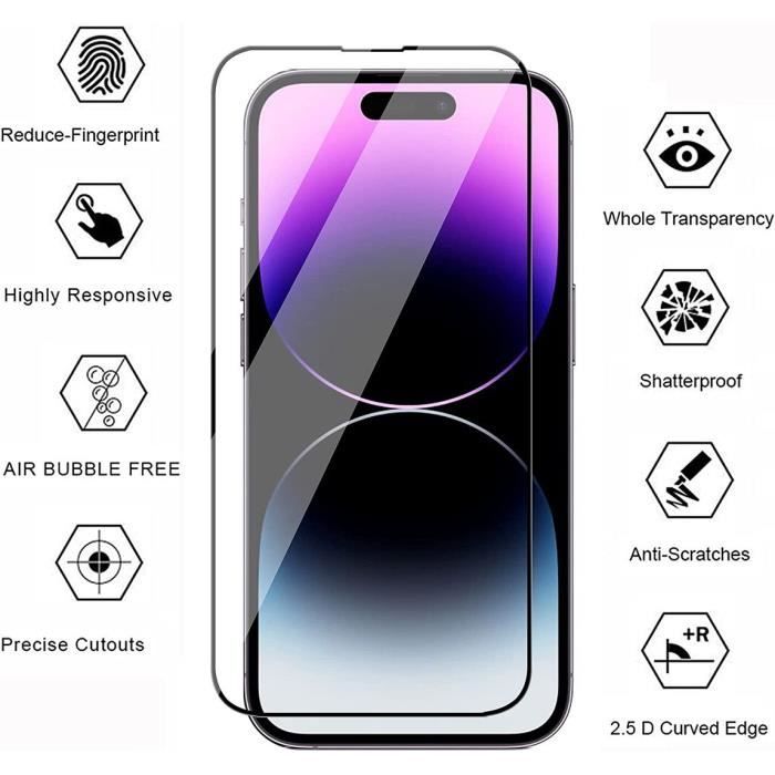 Film de protection intégral pour iPhone 14 Pro - E.F.CONNECTION - Verre trempé - Noir - Anti rayure