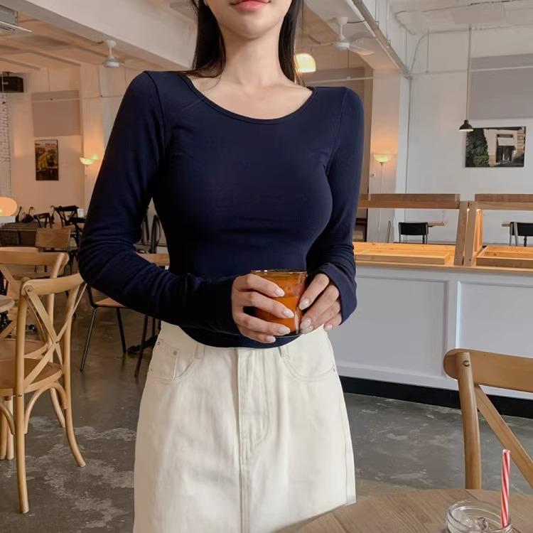 Fashion Long Sleeve Round Neck Casual T-shirt Women Elegant Spring and Winter Slim Fit Woman Tshirts Solid Base Thin Office Ladies Crop Tee Tops 26003