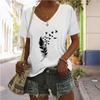 V-neck Feather Print Top Fashion Print Short Sleeve Casual T-Shirts Women’s