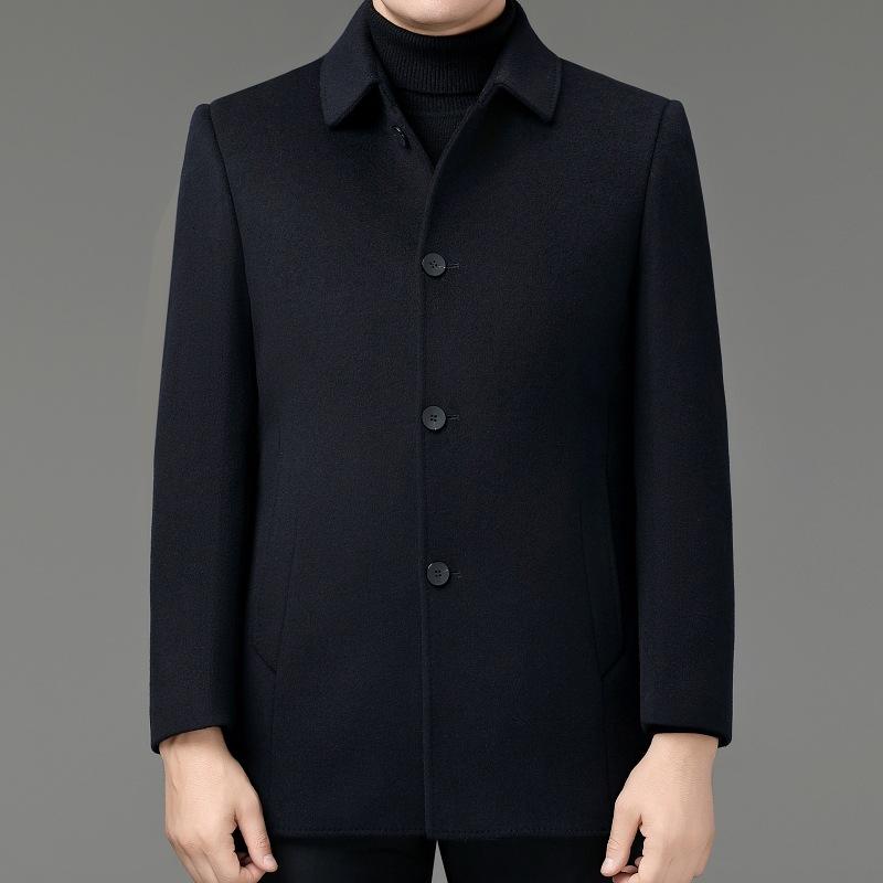 Double-sided woolen cashmere coat for men, medium-length, thickened daddy rex rabbit fur lining, middle-aged woolen woolen lapel coat