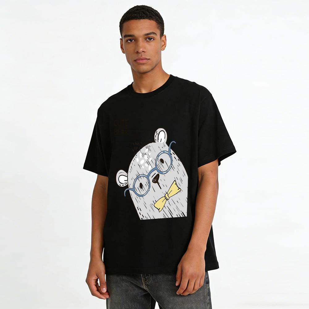 Cute Glasses Bear Print Casual T-Shirt for Adults and Kids Loose Breathable Daily Wear Top Pure cotton T-shirt