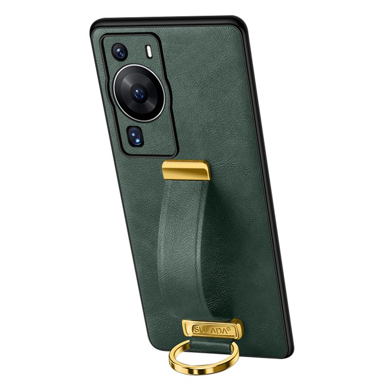 SULADA Fashion Series for Huawei P60 Pro Crazy Horse Texture Back Cover Retractable Strap Kickstand Leather Coated PC+TPU Phone Case