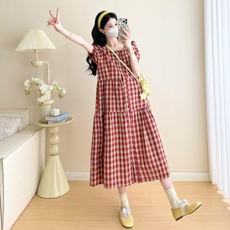 2026 Summer Maternity Plaid Puff Sleeve Dress - Korean Style Loose Fit 2XL