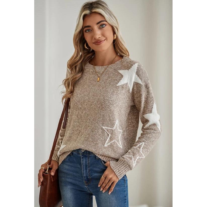 Pulover tricotat pentru femei, bej, cu imprimeu steluțe, gât rotund, croială largă, casual, cu mânecă lungă