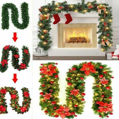 Christmas Garland Decorations with Lights, Artificial Christmas Rattan Wreaths for Xmas Tree Front Door Fireplaces Stairs Decor