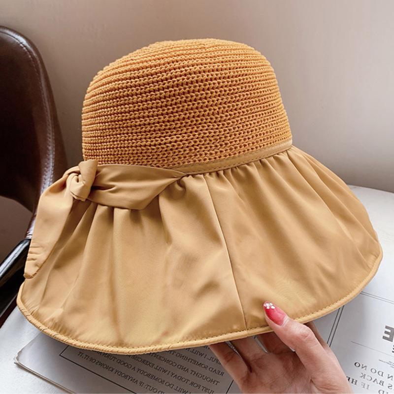 Women's Full-Coverage Summer Sun Hat with Bowknot - Versatile Black Sunscreen Bucket Hat