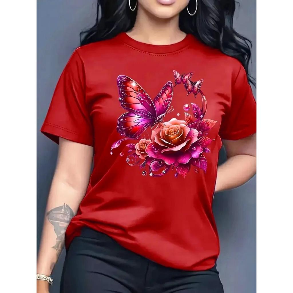 Women's Rose Butterfly Print Fashion Casual T-Shirt Short Sleeve Crew Neck Top Ideal Birthday or Holiday Gift for Outdoor Sports