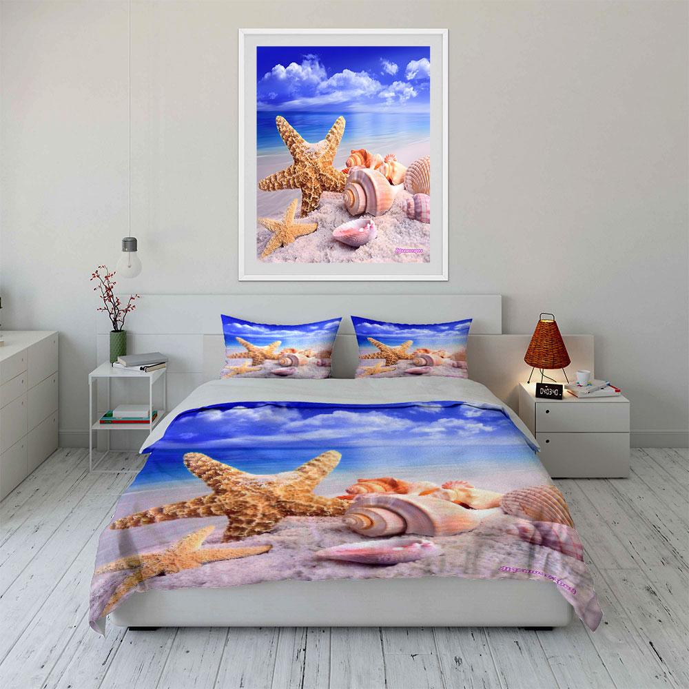 Starfish And Shells On Beach Printed Duvet Cover Set1 Duvet Cover+2 Pillowcasemulti Size Bedroom Bedding Decor Luxury Gifts