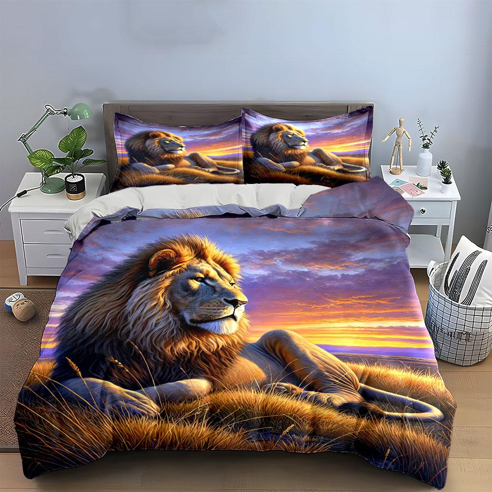 Relaxing Lion, Sunset Background. Bedding Sets Duvet Cover Sets Duvet Covers Pillowcases(1*Duvet Cover 2*Pillowcases Without Duvet Insert)