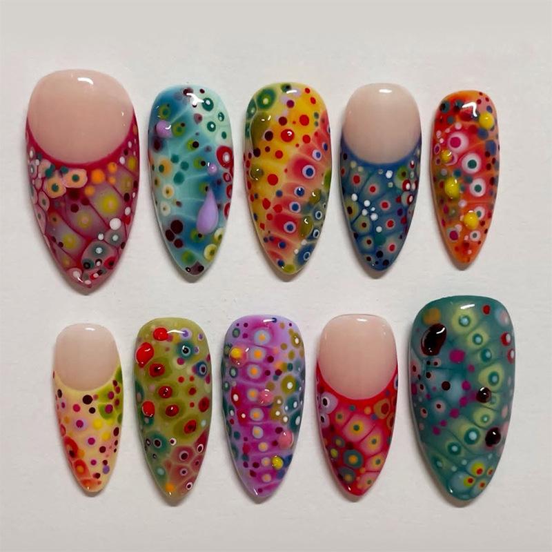 24PCS Playful Retro Almond Stick on Fake Nails Colorful Swirl Stripes with Checkered Patterns Short Oval False Nails Sweet Cool