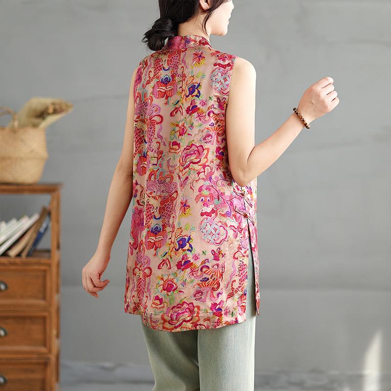 9026 Summer New Chinese Style Sleeveless Jacquard Tencel Vest Top for Women