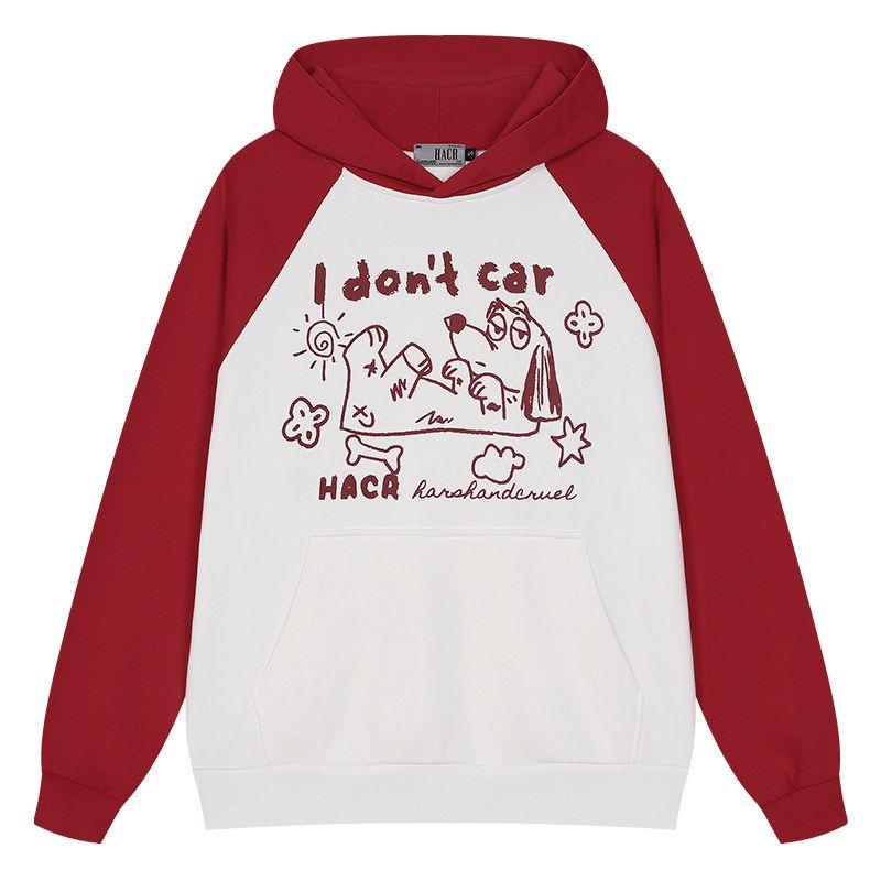 

Hacr Hand-Painted Puppy Raglan Sleeve Hoodie, Loose-Fitting Spring and Autumn Clothing, Trendy Chinese Style Color-Blocking Couple Hoodie Raspberry Red L