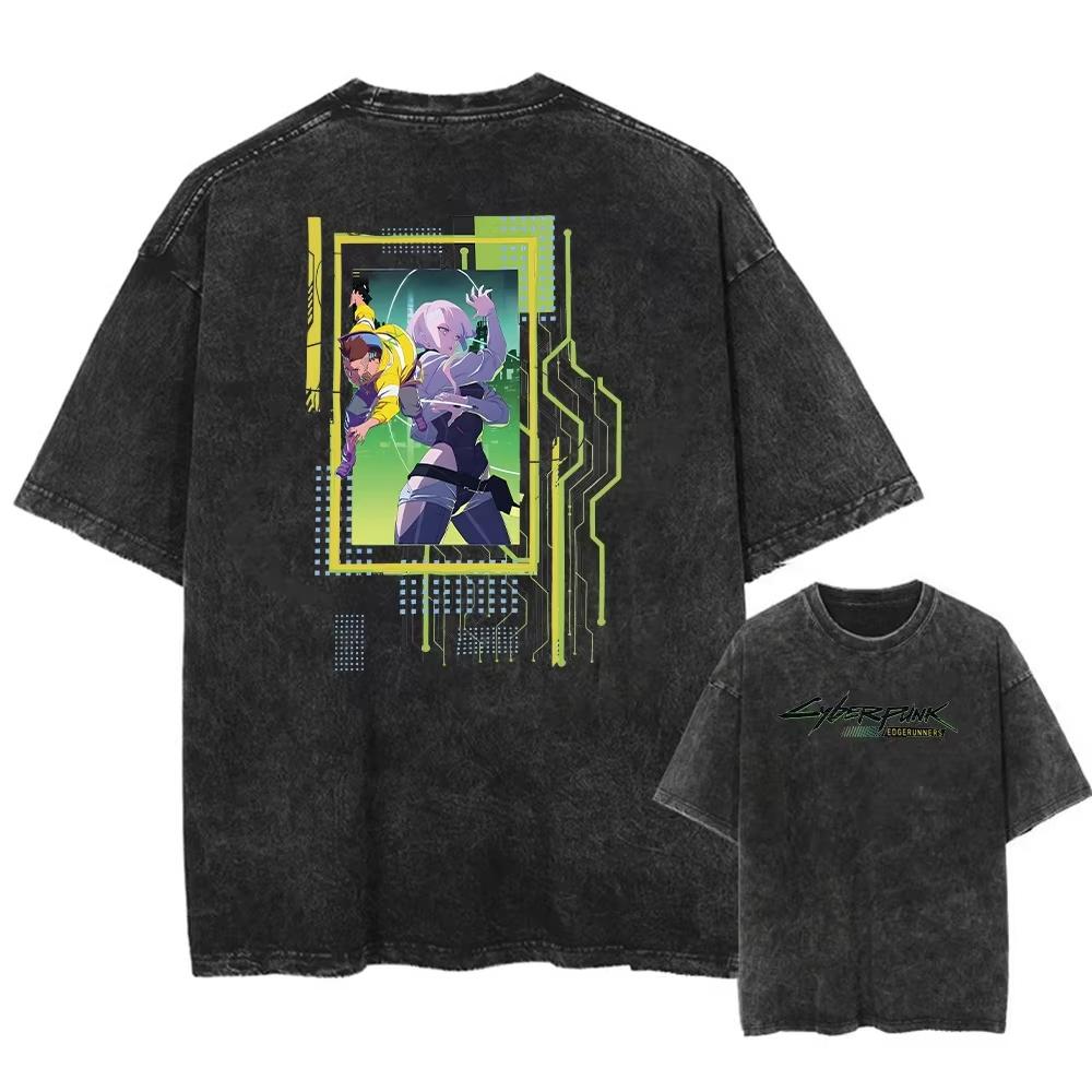Game Cyber Punk LUCY T Shirt Cotton Washed Vintage Oversized T-shirt Y2k Harajuku Street Casual Loose Short Sleeve Tees