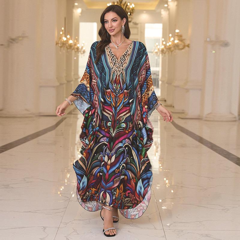 2025 European & American Cotton Printed Beach Dress Women's Long Loose Cover-Up with Sun Protection
