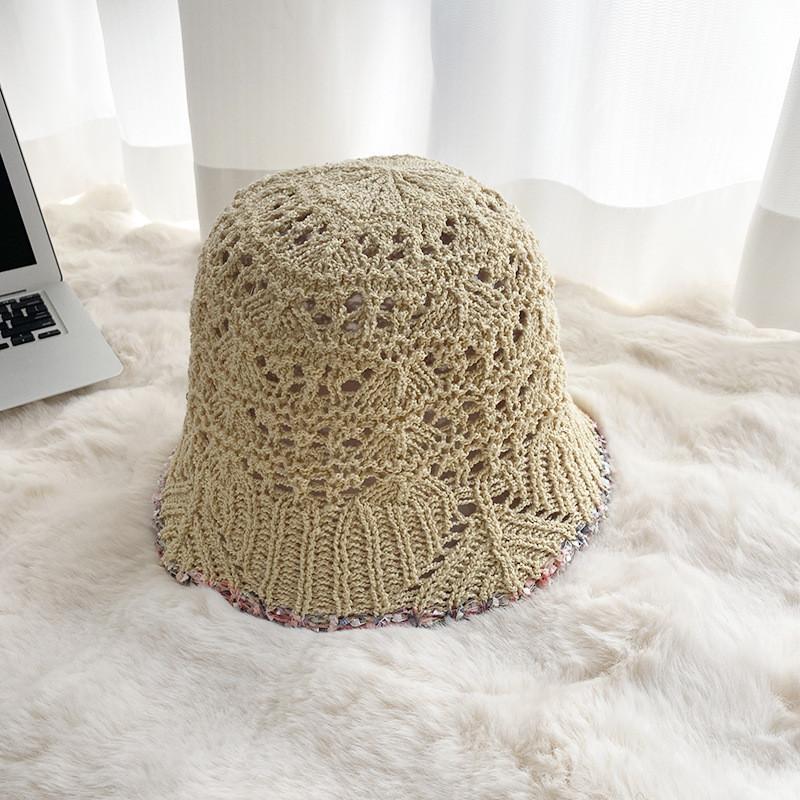 Stylish Round Top Knit Sun Hat With Floral Lace Trim Lightweight Sunscreen Bucket Cap For Summer
