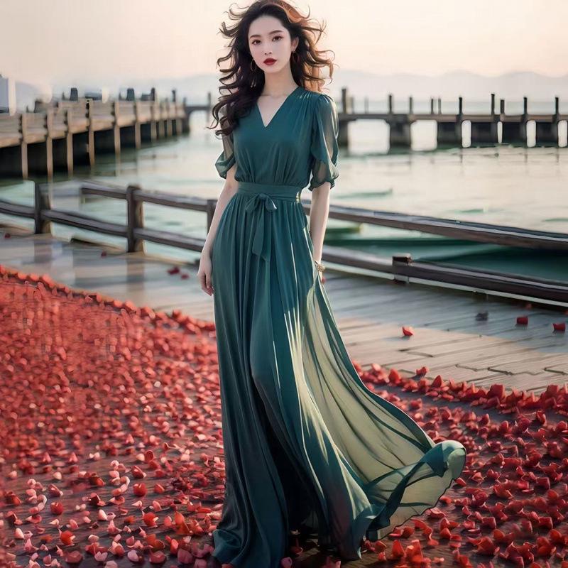 Stylish Green Chiffon Ankle-Length Beach Dress - 2026 Summer Collection