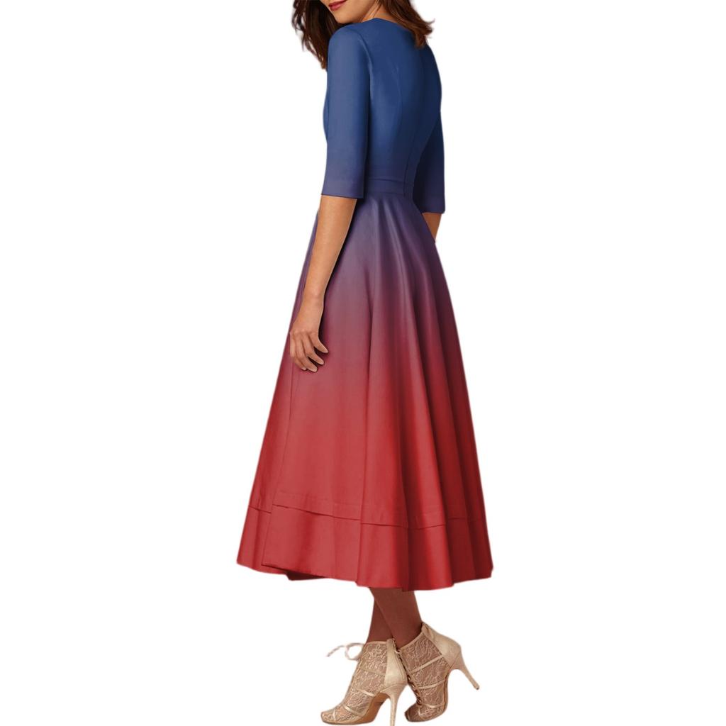 Women's Fashion Mid Sleeve Mid Length Dress Gradient Print Sexy V Neck Dress