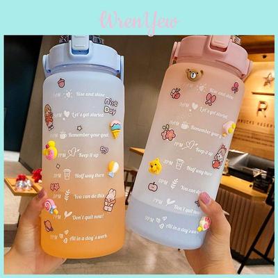 2000ml Large Capacity Drinking Bottle Sports Mug With Straw And Stickers For Outdoor Use