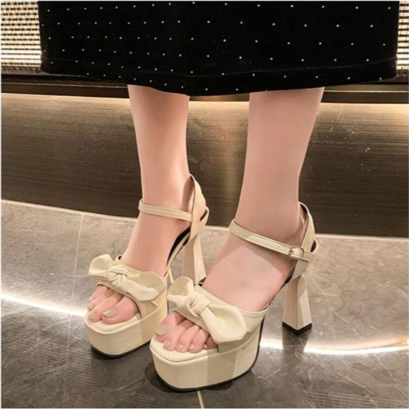 

Элегантная женская обувь на высоком каблуке для лета 2025, европейский и американский стиль, с бантом, с квадратным носком, босоножки на толстом каблуке 34