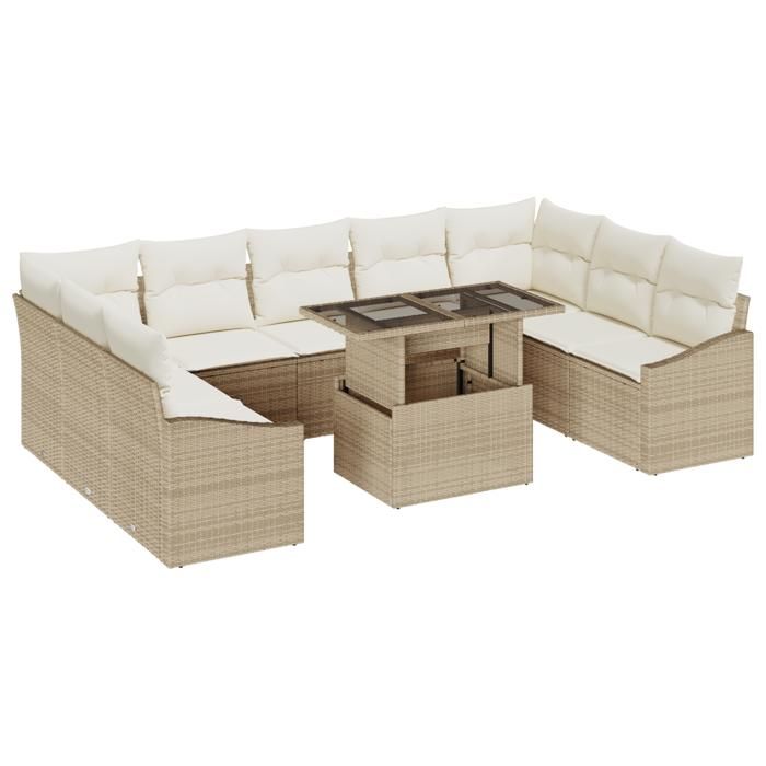 VidaXL Ensemble de Canapé de Jardin 10 Pièces avec Coussins Beige Poly Rattan 3349067