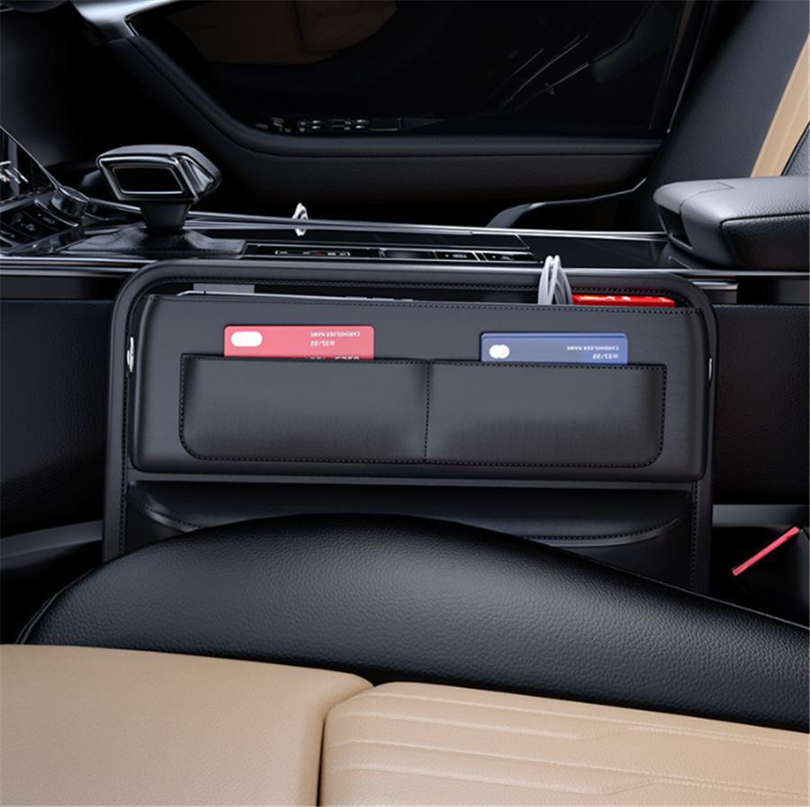 PU Leather Car Console Side Seat Gap Filler Front Seat Organizer for Cellphone Key Coins Stop Dropping between Seats Black