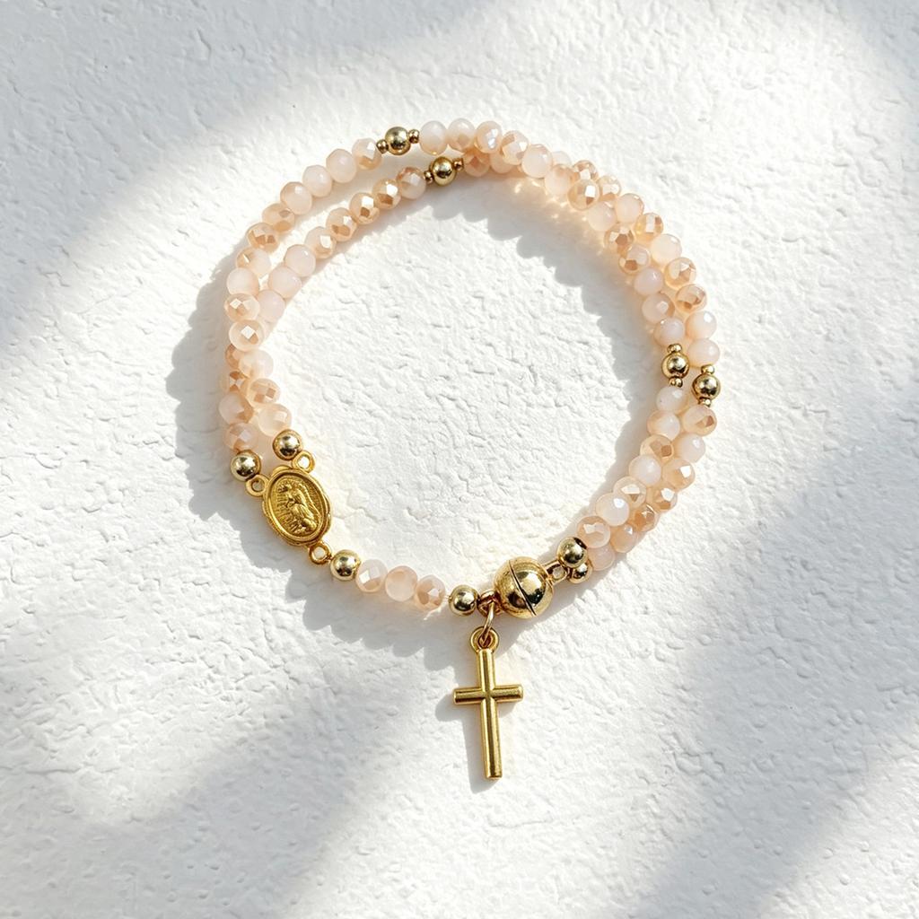 Color Crystal Beaded Cross Pendant Double Ring Bracelet, Simple and Versatile Stacked Bead Jewelry