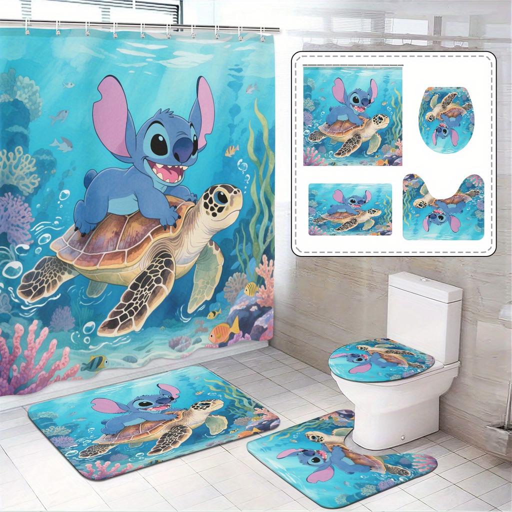 4pcs Spiderman Cartoon pattern decoration set includes shower curtain, non-slip bathroom rug, toilet U-shaped mat, toilet seat