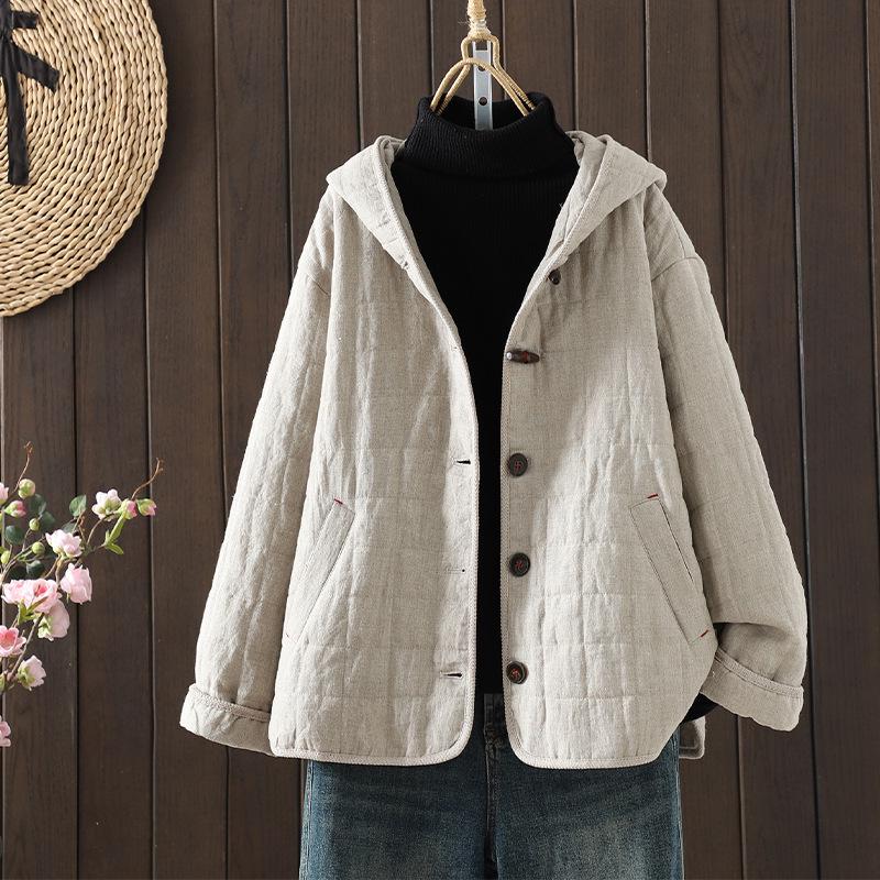 

2025 Winter Quilted Retro Horn Button Cotton Linen Jacket Large