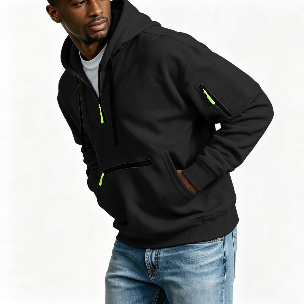 Men's Half Zip Hoodie with Decorative Pockets for Outdoor Sports and Casual Wear