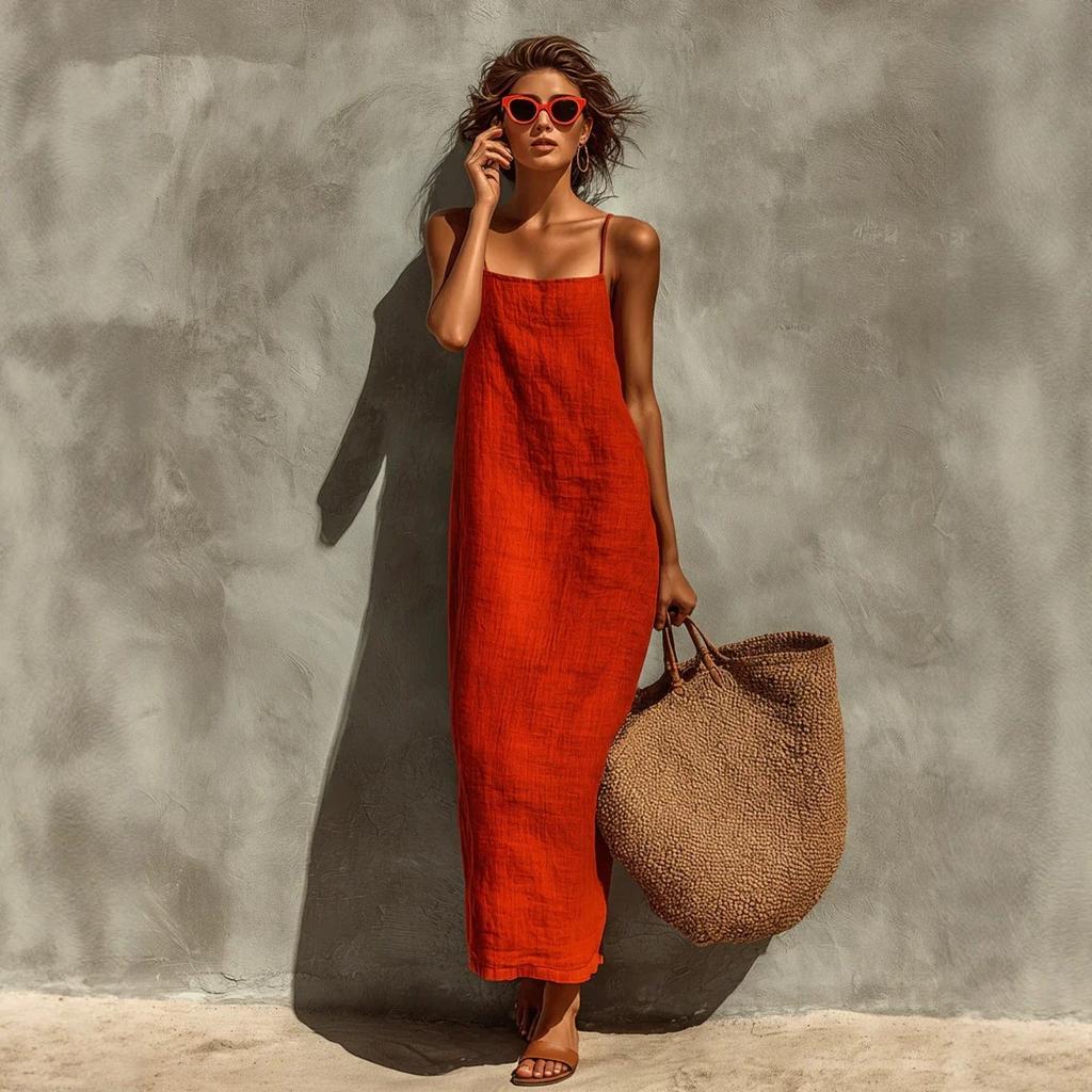 Europäisches und amerikanisches Sommer-Neues einfarbiges sexy Retro-Faulenzer-Stil Baumwoll- und Leinen-Latz-Langes Damenkleid