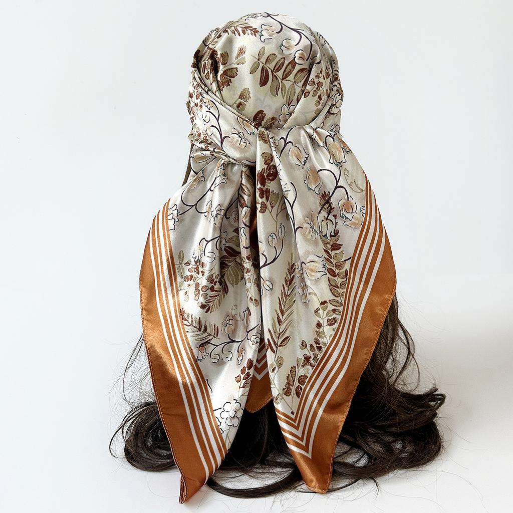 90cm Large Square Scarf Silk Scarf Headband Flower Printing Scarf Scarf Satin Square Scarf for Women