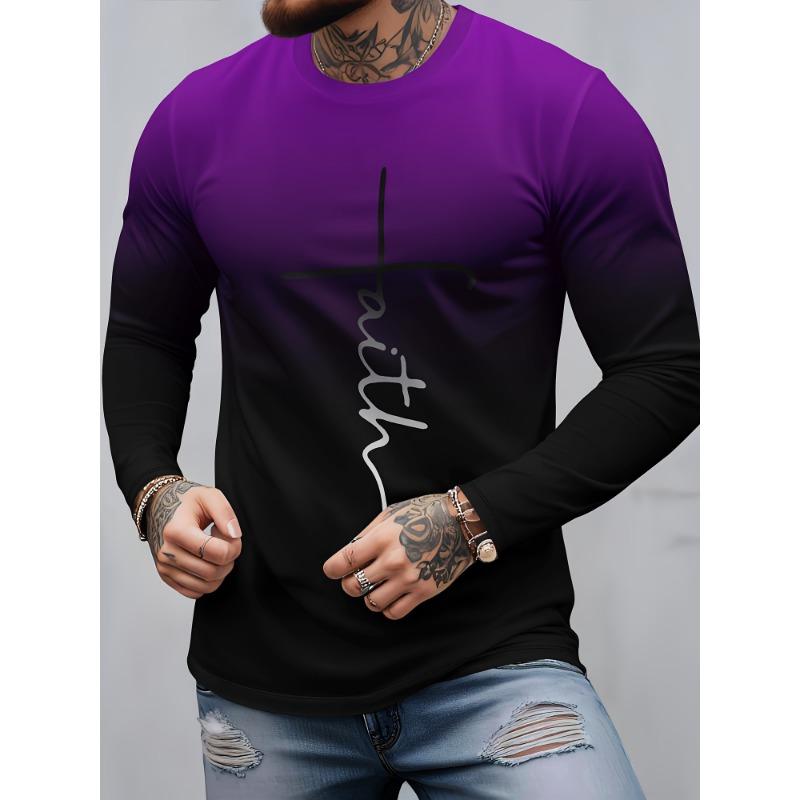 Autumn Round Neck Color Block 'Faith' Graphic 3D Printed T-shirts Fashionable Casual Long Sleeved Men's T-shirts