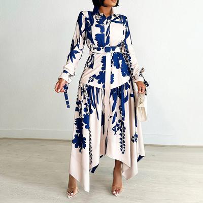 Frühlingsmode Druck Unregelmäßiges A-Linien-Kleid Damen Elegant OL Revers Knopf Langarm Gürtel A-Linien-Kleid Weiblich Neu Vestdios