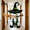 Witch Hat Wall Decor Halloween Boot Sign, Hanging Trick or Treat Decoration Entrance for Home Room, Wooden Front Door Hanger Holiday