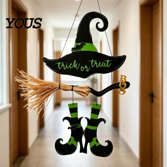 Witch Hat Wall Decor Halloween Boot Sign, Hanging Trick or Treat Decoration Entrance for Home Room, Wooden Front Door Hanger Holiday