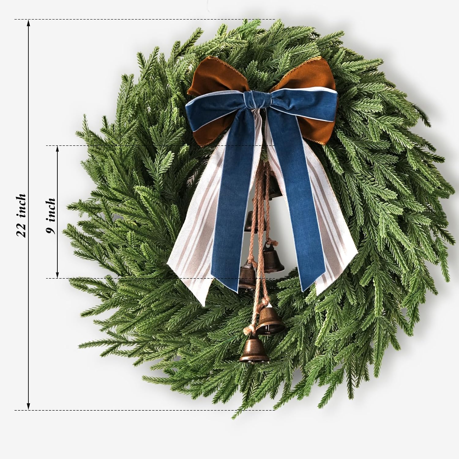 Christmas Decorations - 22 Inch Norfolk Pine Christmas Wreath with Bells and Ribbon - Artificial Pine Greenery Winter Wreath for Home Table Wall