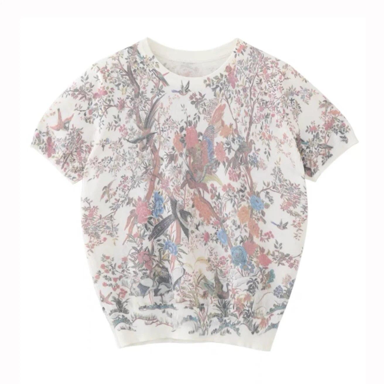 

Летняя футболка с принтом птиц и животных, женские футболки с цветочным принтом и круглым вырезом, уличная одежда, женские футболки, повседневные вязаные топы B-008 L белый