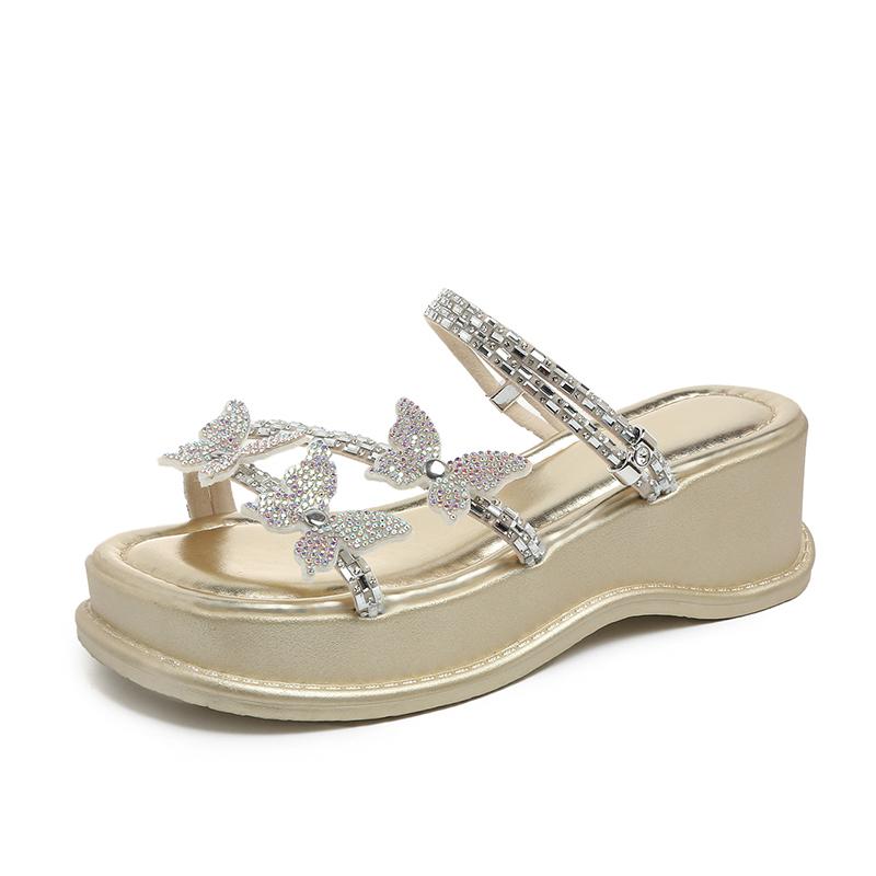 Platform Heightened Sandals Summer Wear New Round Head Rhinestone Butterfly Thin Belt Wedge Two-wear Flip-flops