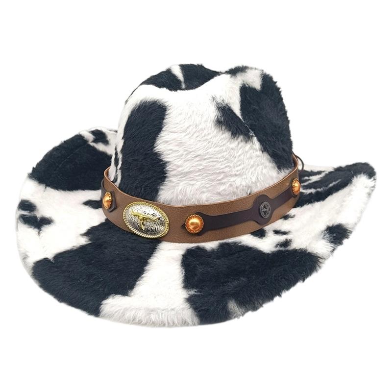 Winter Plush Cowboy Hats with Cow Pattern Design for Women Men Unisex Cold Weather Wide Brims Western Cap Party Props